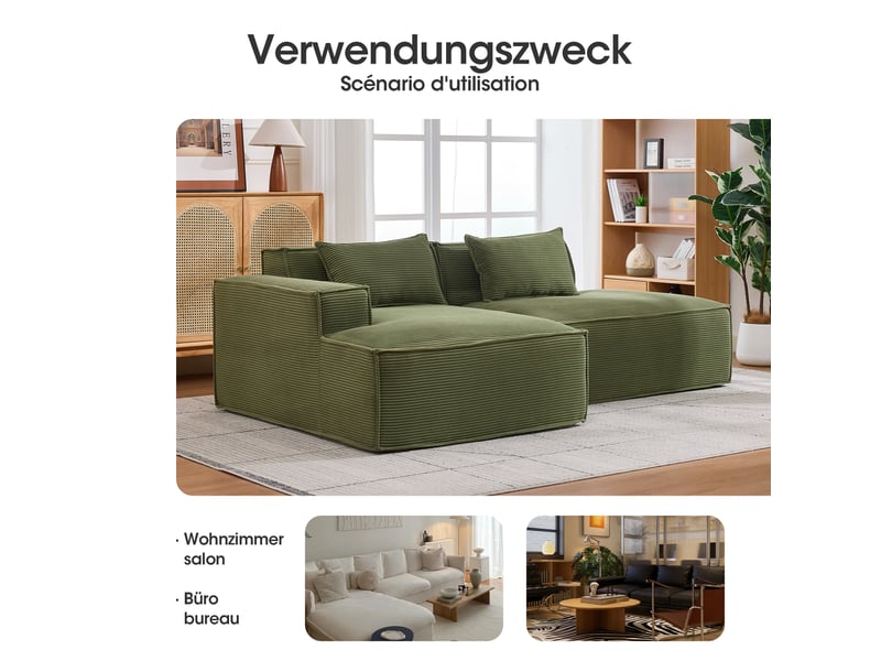 Canapé textile vert 235 × 129 × 70 cm en polyester, 2 coussins, assise mousse et ressorts ensachés, format compact - Conforama C