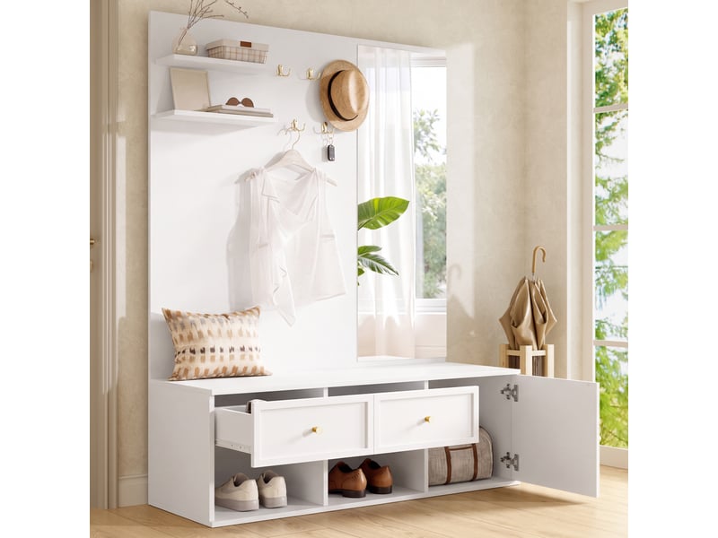  Vestiaire d'entrée complet blanc avec banc et miroir, meuble d'entrée 120cm, porte-manteau mural 5 crochets  - Conforama D