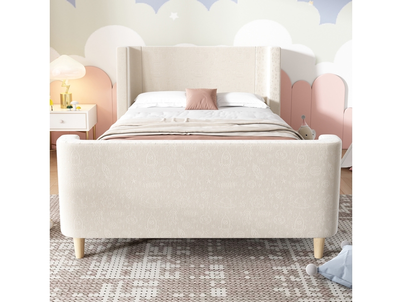  Lit enfant 90 x 200 cm en velours beige avec sommier à lattes et motif spatial  - Conforama D