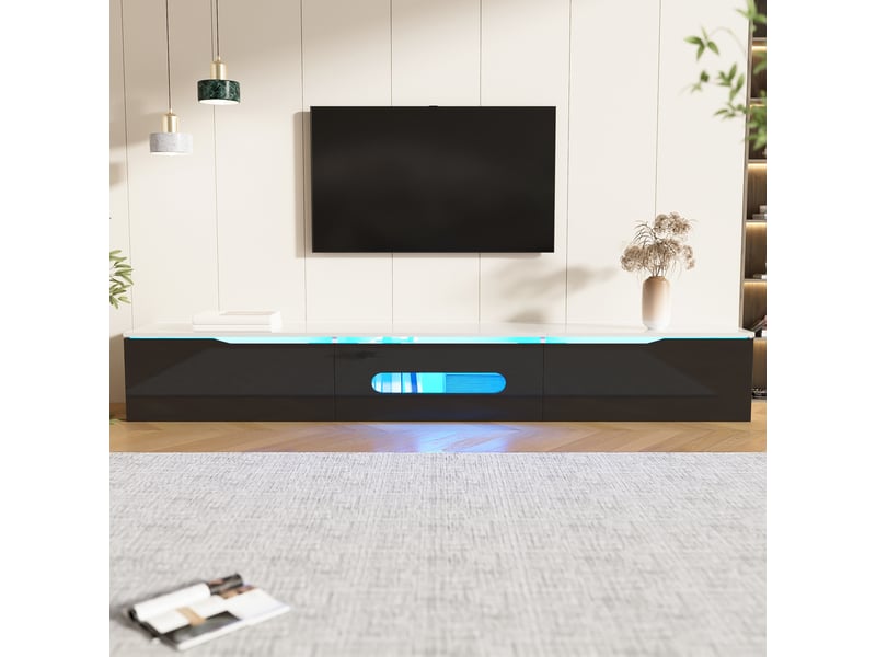 Meuble tv avec 3 portes , led et fixation murale ou pose au sol, pour salon, mdf, noir et blanc, 180×35×30 cm - Conforama D