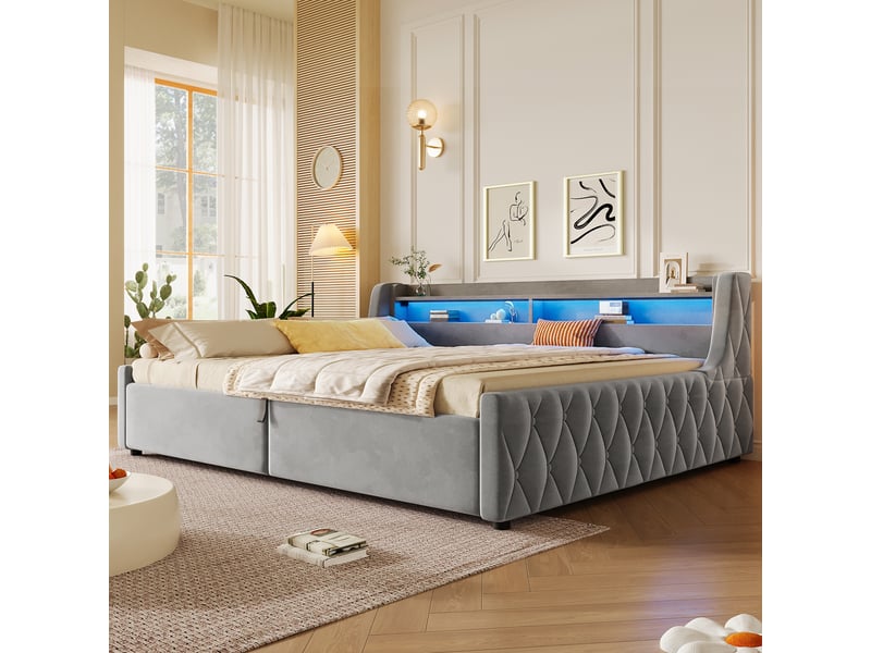  Lit coffre double 140×200 cm avec led réglable et rangement - okmyhome- en velours gris, sans matelas  - Conforama C