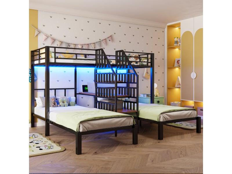  Lit superpose 3 places avec rangement 90x200 cm | bande led intégrée | escalier de rangement | 2 ports usb + 1 prise  - Conforama C