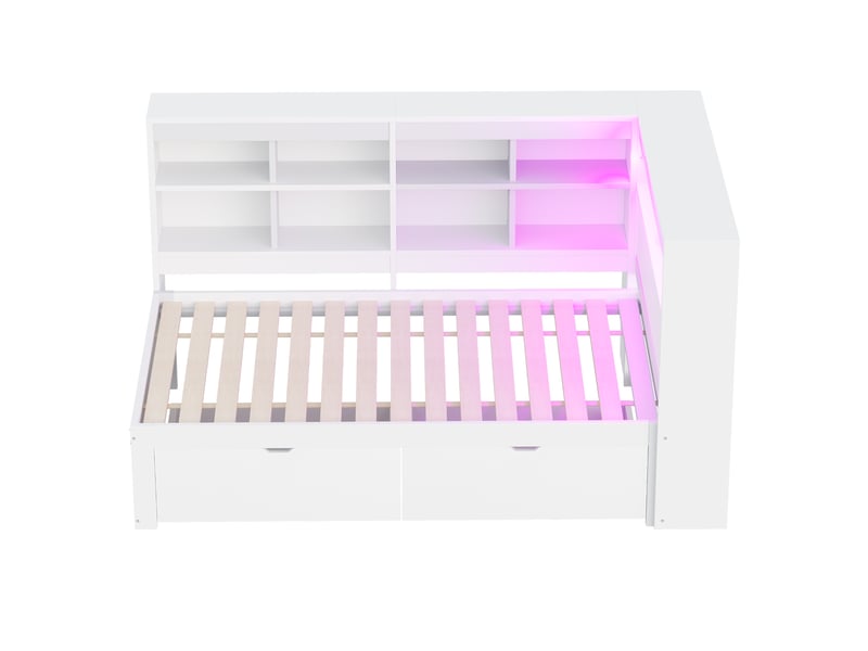  Lit simple en bois 90*200 cm, prise usb, bandeau led, étagères et compartiments, blanc avec rangements et tiroirs  - Conforama A
