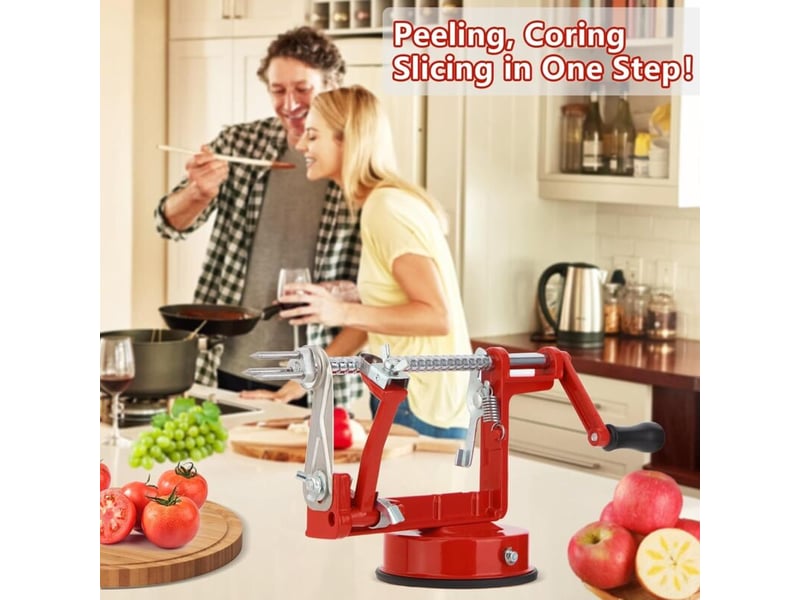  3 en 1 - eplucheur de pommes &amp; vide-pomme machine pour éplucher, évider et couper les pommes design en rouge  - Conforama D