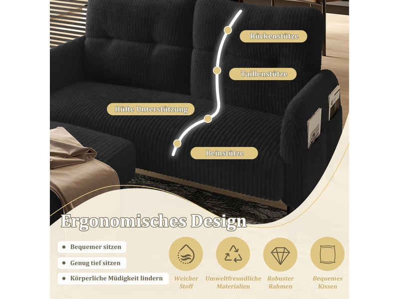  Canapé 2 places noir en velours côtelé avec fauteuil et pouf, pochette latérale intégrée pour salon  - Conforama R