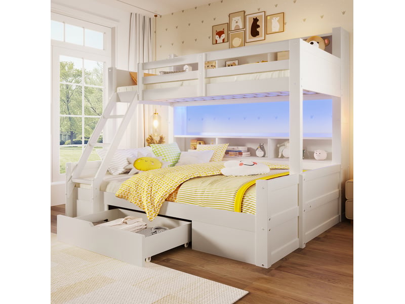  Lit superposé tcqpz 90 x 200 cm + 140 x 200 cm avec échelle réversible, led, rangements ouverts, 1 tiroir, blanc  - Conforama E