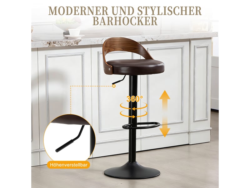  Lot de 2 tabourets de bar réglables 360°,avec dossier effet noyer,pu,marron  - Conforama D