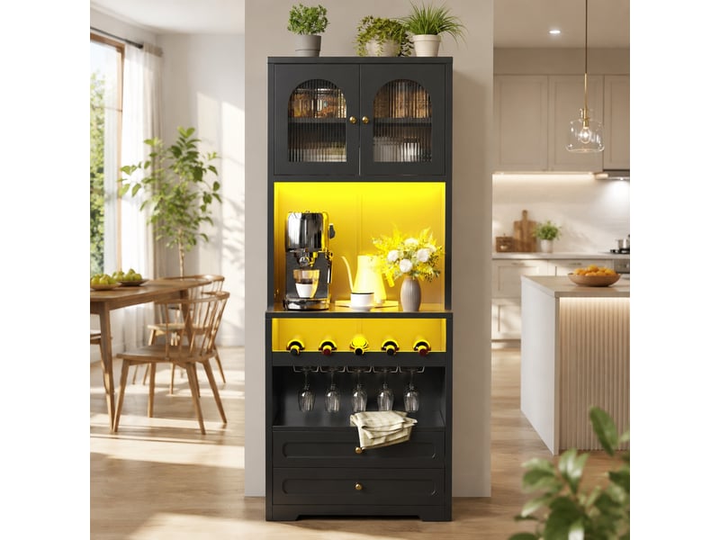  Buffet de cuisine haut à led avec étagères réglables, porte-bouteilles et port usb en mdf noir, 70 × 40 × 180 cm  - Conforama C