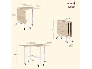 Table repas extensible pliante pour 6 personnes avec roulettes et freins, chêne cravdom