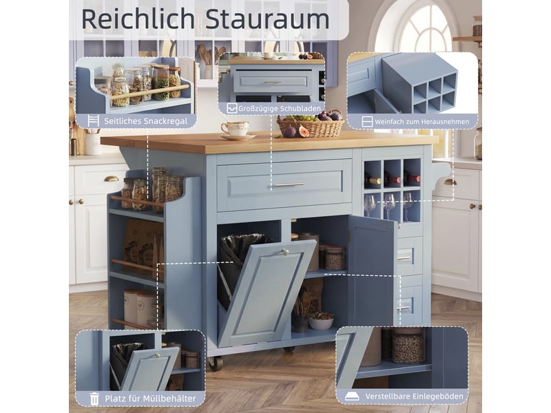  Desserte de cuisine 143 × 4575 × 91 cm en mdf et métal, tiroirs, panier à vin amovible, rangement latéral et roulettes  - Conforama E