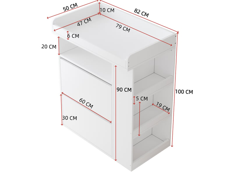 Commode à langer 82x50x100 cm, 2 tiroirs, plan amovible, rangement évolutif, mdf blanc, sans coussin - Conforama C