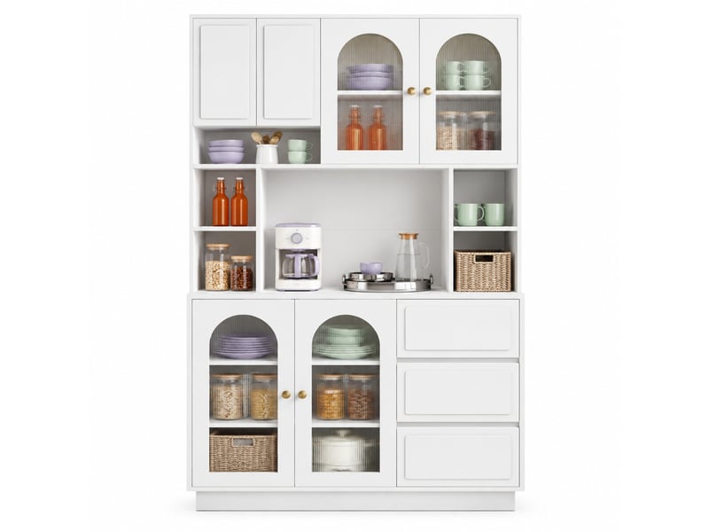  Buffet haut 6 portes, 3 tiroirs et led pour cuisine en mdf 106×30×175 cm blanc  - Conforama A
