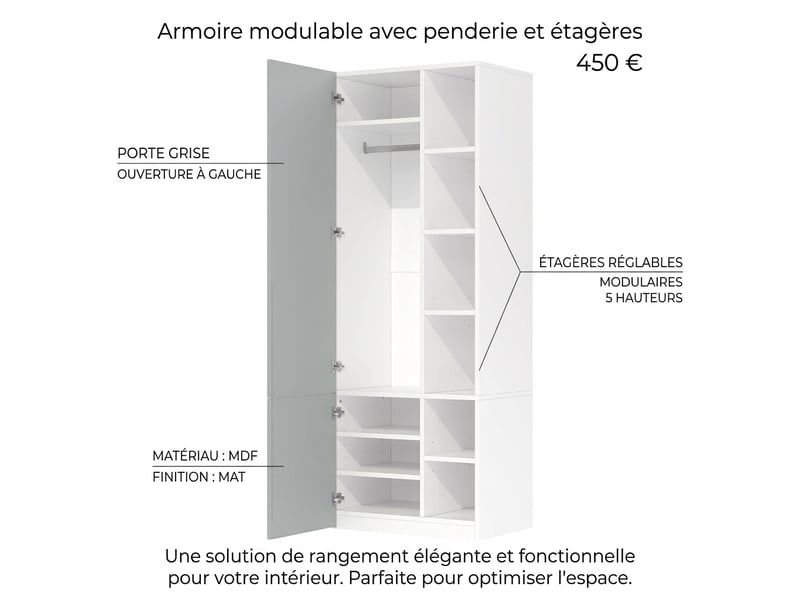  Armoire avec miroir et éclairage led intégré, 110x47x200 cm, finition chêne  - Conforama D