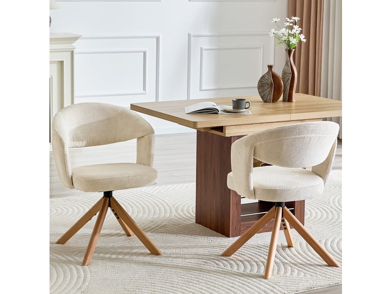  Lot de 2 chaises de salle à manger pivotantes 360°, 58,5x47,5x81,5 cm, dossier incurvé, tissu texturé et bois, blanc crème  - Conforama D