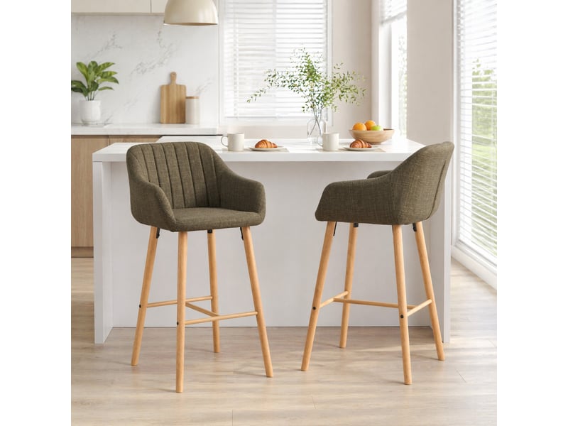 Tabouret de bar lot de 2 - confort optimal en lin vert, dossier haut, accoudoirs et pieds en bois - Conforama B
