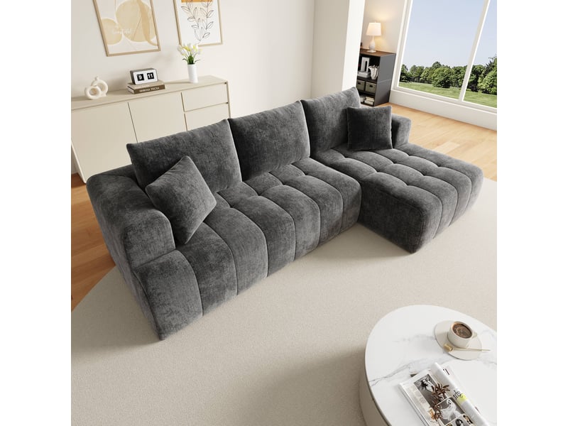 Canapé d'angle modulable 3 places sans structure, assise profonde en chenille, sans montage, 244,5 × 136 cm, gris - Conforama B