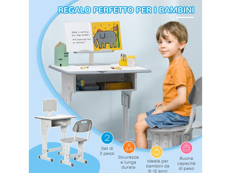  Bureau d'écolier avec chaise réglable en hauteur et lampe intégrée pour enfants de 6 à 12 ans, acier et mdf, gris  - Conforama E