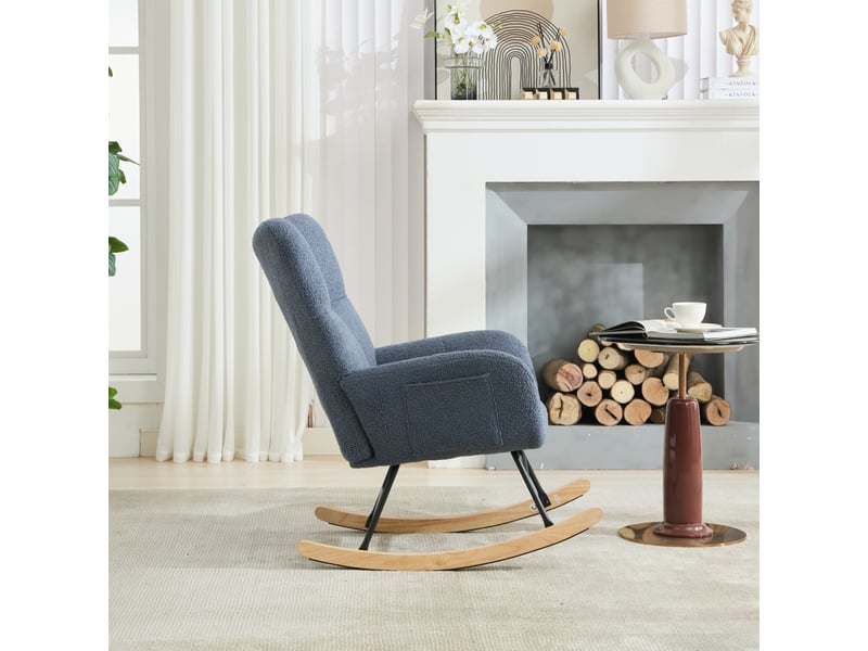  Fauteuil à bascule en tissu teddy avec poche, fauteuil berçant doux pour chambre d’enfant, dossier oreilles en bois massif, salon, bleu marine  - Conforama E