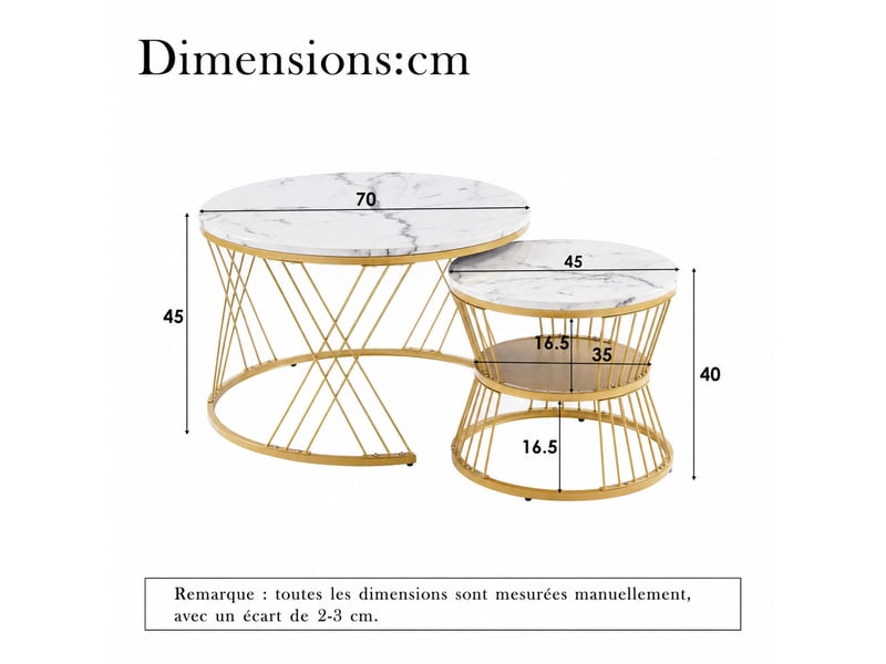  Lot de 2 tables basses gigognes rondes – mdf effet marbre brillant, blanc et doré – ø 70 et 45 cm  - Conforama D