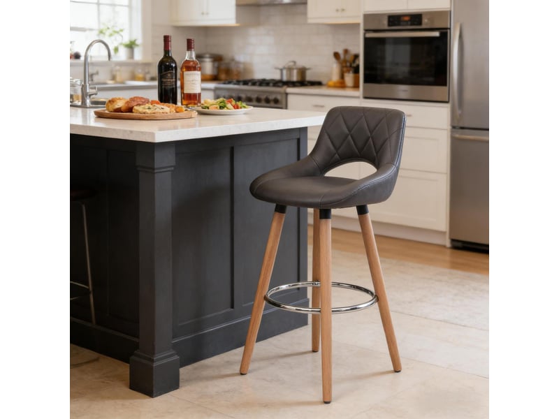Tabouret de bar ergonomique 43x40x96cm - assise rembourrée en tissu effet cuir - pieds en bois massif avec repose-pieds - gris - Conforama B