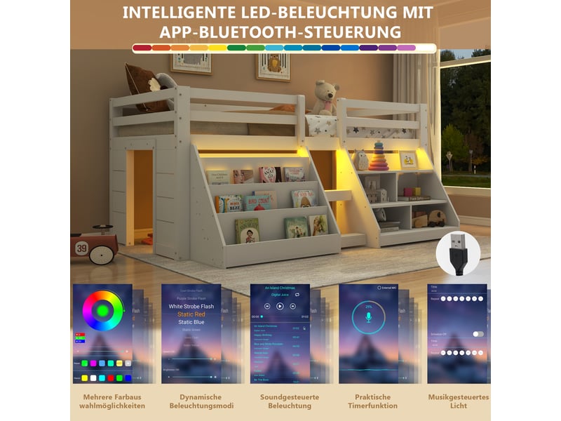 Lit mezzanine enfant 90 × 200 cm 1 place avec étagères, led réglable et barrière, sans matelas, blanc - Conforama E