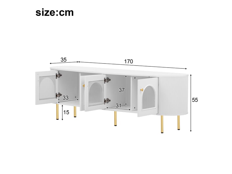  Meuble tv 170 x 35 x 55 cm à 4 portes vitrées, mdf blanc et doré avec passe-câbles  - Conforama C