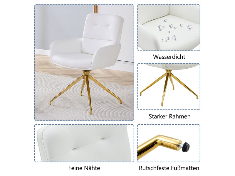 Lot de 2 chaises de salle à manger pivotantes,55x50x85 cm,similicuir et métal doré,blanc  - Conforama D