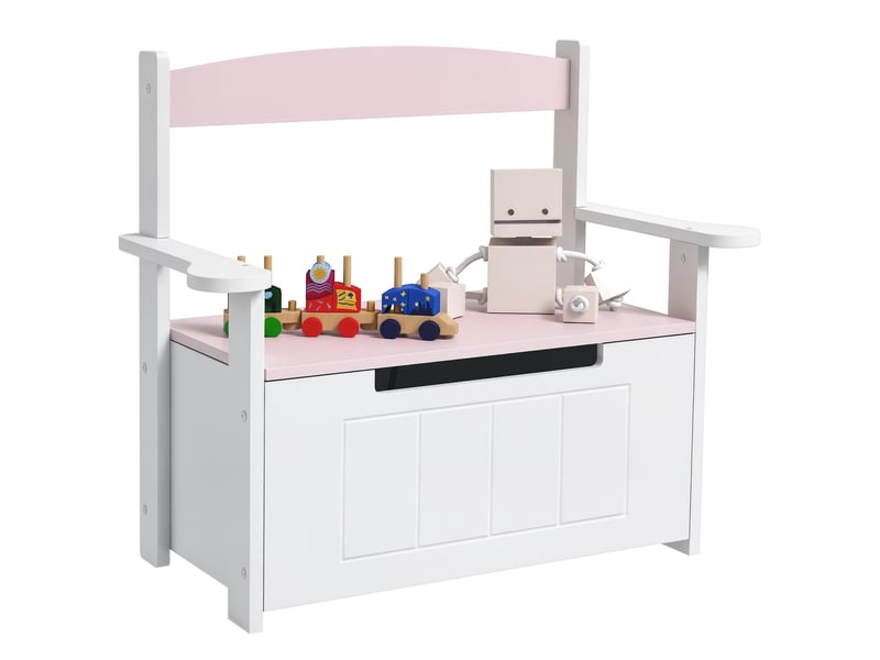  Banc rangement enfant, dossier, couvercle fermeture douce, charge 30kg. Salle de jeux, 68,5 x 34 x 58 cm, roseblanc.  - Conforama A