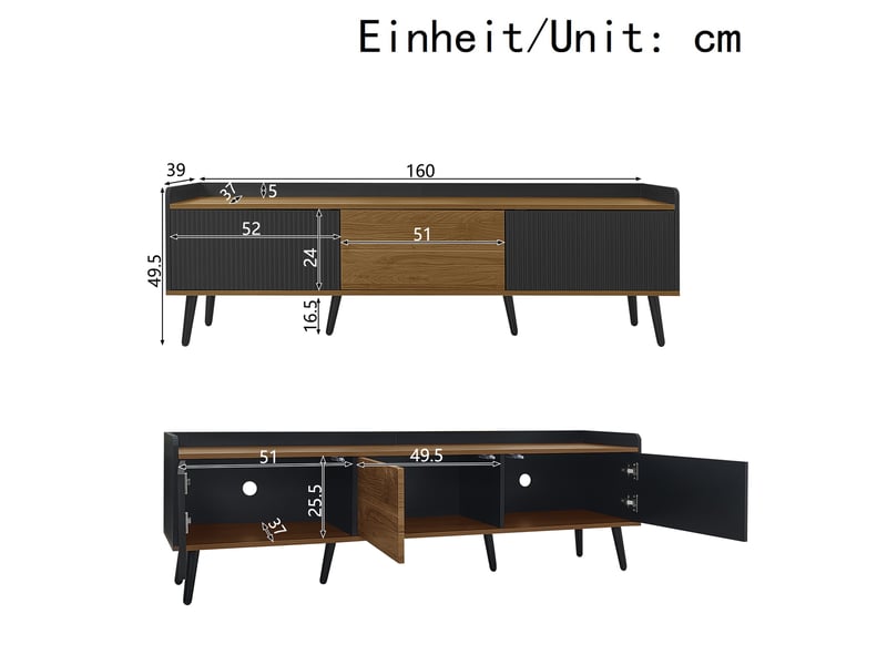  Meuble tv noir et bois 160 cm, meuble tv 3 portes avec bords surélevés et pieds en bois massif pour salon  - Conforama E