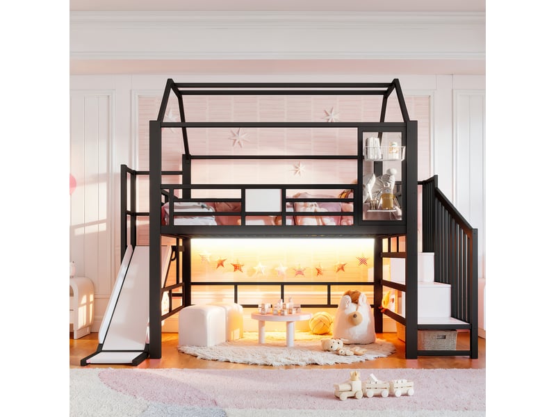  Lit mezzanine enfant noir en métal, forme maison avec toboggan, escalier, rangements et éclairage led bluetooth, 140 x 200 cm  - Conforama C