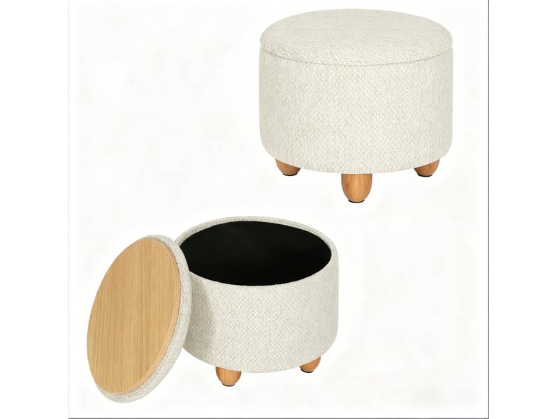  Pouf de rangement tcqpz rond 39 x 33 cm avec plateau en bois crème blanc  - Conforama A