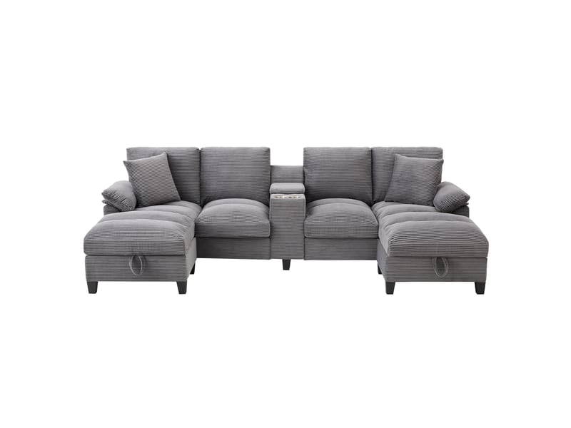  Canapé en u 4 places en velours côtelé gris avec rangement dissimulé et porte-gobelets en acier inoxydable  - Conforama A