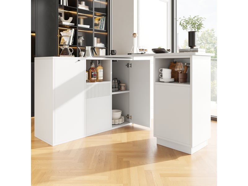  Ilot cuisine, buffet de cuisine avec rangements intégrés, pivotant à 360°, organisation fonctionnelle, dimensions 210 x 30 x 100,9 cm, mdf, blanc  - Conforama D