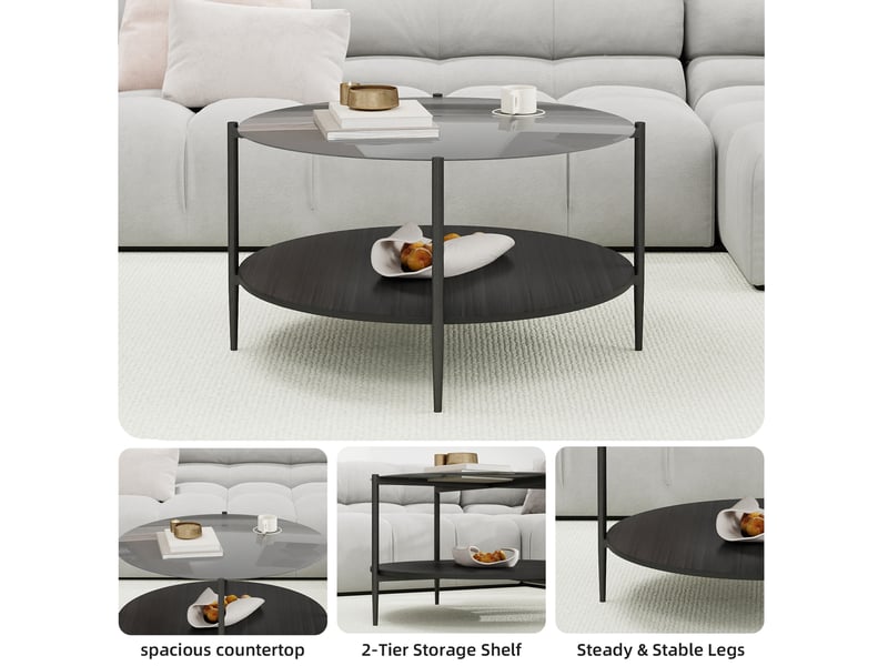  Table basse ronde moderne avec plateau en verre trempé fumé noir, double niveau de rangement  - Conforama E