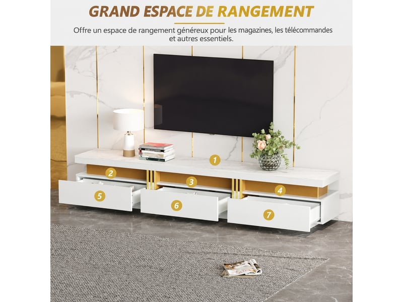  Ensemble meuble tv blanc et table basse, meuble tv blanc 200 cm, effet marbre et détails dorés  - Conforama B