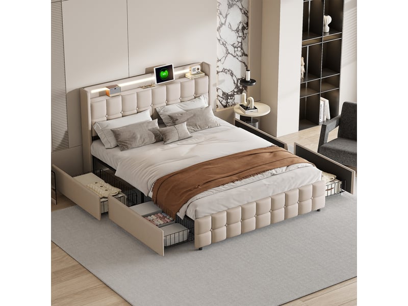 Lit double 180x200cm - lit rembourré 180x200cm avec 4 tiroirs - prises de courant ports usb éclairage led - sans matelas - beige - Conforama B