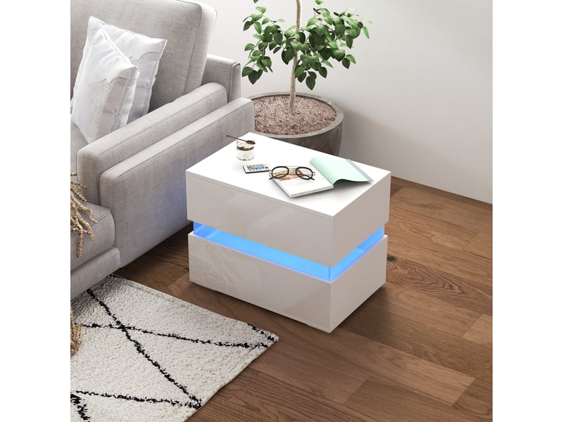  Table de chevet avec éclairage led rgb intégré, 2 tiroirs, 4 modes d'éclairage et 16 couleurs, en aggloméré, 60 x 39 x 47 cm, blanche  - Conforama C