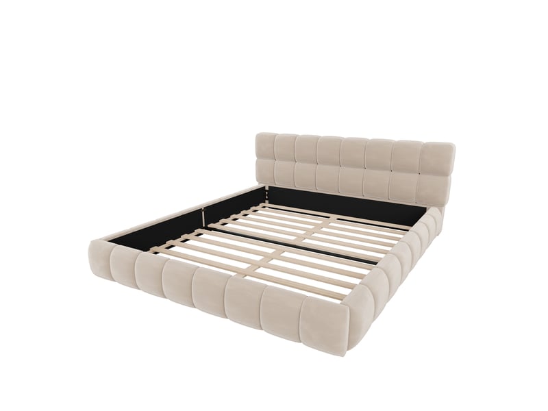  Lit double plateforme 160 × 200 cm en velours beige, tête de lit rembourrée, cadre bas et sommier à lattes Fay Lum - Conforama D