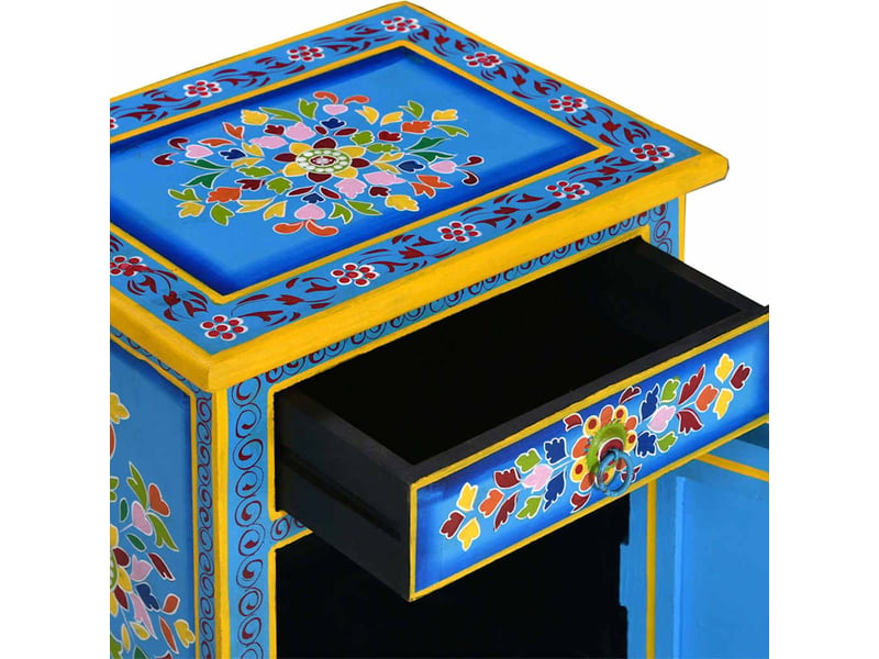 Table de chevet - cabinet de chevet - table de nuit bois de manguier turquoise peinture à la main - Conforama C