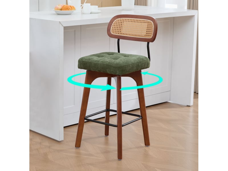  Tabourets de bar lot de 2 pivotants à 360° avec dossier en rotin et assise rembourrée en chenille verte  - Conforama D