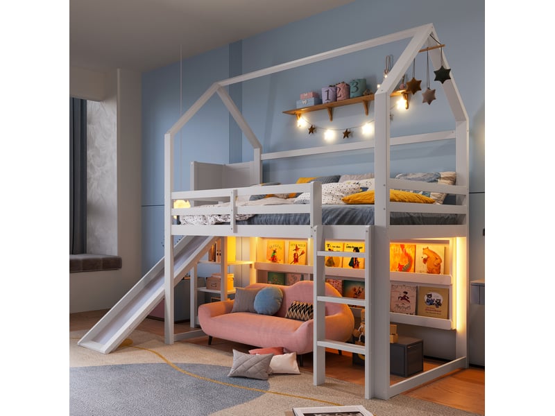  Lit mezzanine enfant, 90x200 cm, lit en hauteur, matelas non inclus, bois et pin et mdf et contreplaqué, coloris blanc  - Conforama D
