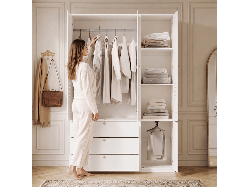  Armoire 3 portes à lamelles 135 x 50 x 200 cm, 3 tiroirs, blanche avec penderies  - Conforama E