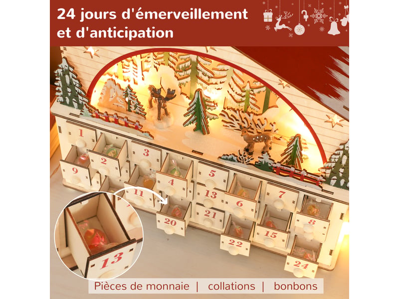  Calendrier de l'avent lumineux, calendrier de l'avent à remplir, 24 tiroirs, scène de village, 36x10x34cm,bois naturel  - Conforama E