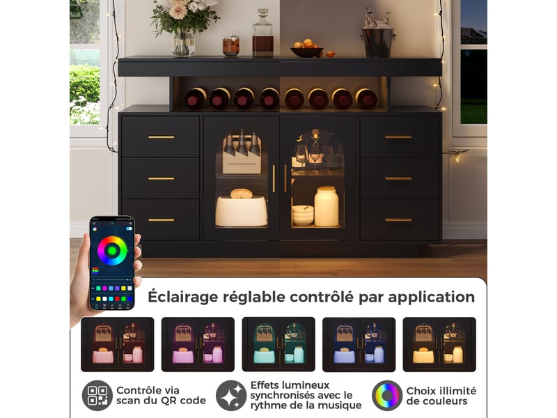 Meuble de cuisine muvano noir, armoire à vin avec éclairage led, six tiroirs, 140 × 40 × 82 cm - Conforama E