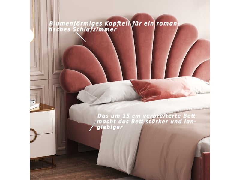  Lit double 140x200 cm velours rouge avec tête fleurie et sommier à lattes  - Conforama D