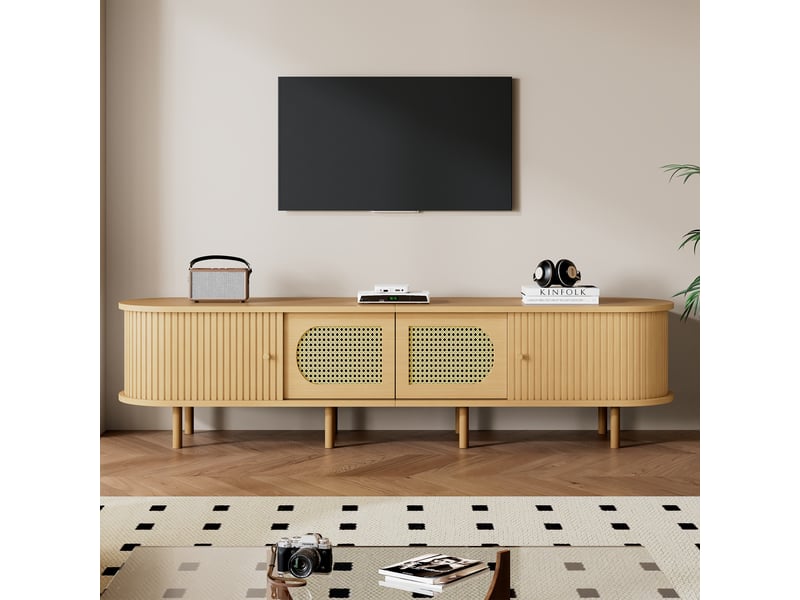  Meuble tv 180 cm pour écran jusqu’à 75 pouces, 2 portes effet rotin, 2 portes à rideau, forme ovale, grand rangement, mdf effet bois naturel  - Conforama B