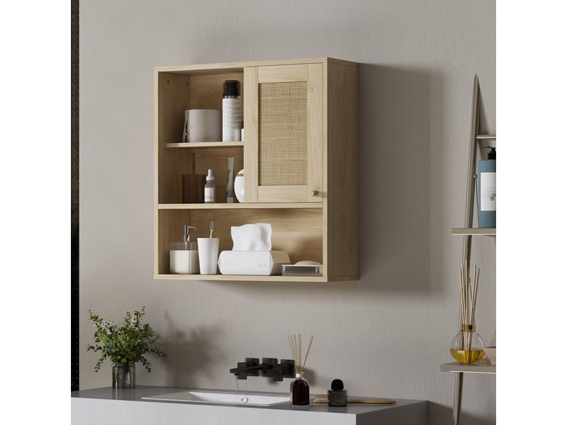  Armoire murale salle de bain, porte coulissante en rotin, bois naturel, 60 x 19,8 x 65 cm  - Conforama D