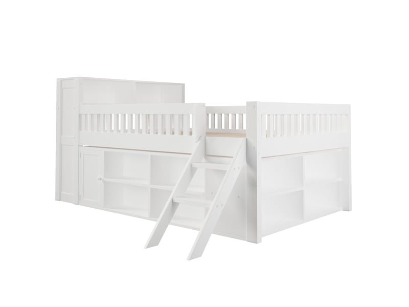 Lit mezzanine enfant 140x200 cm avec rangement et led, mdf et pin blanc, sans matelas - Conforama R
