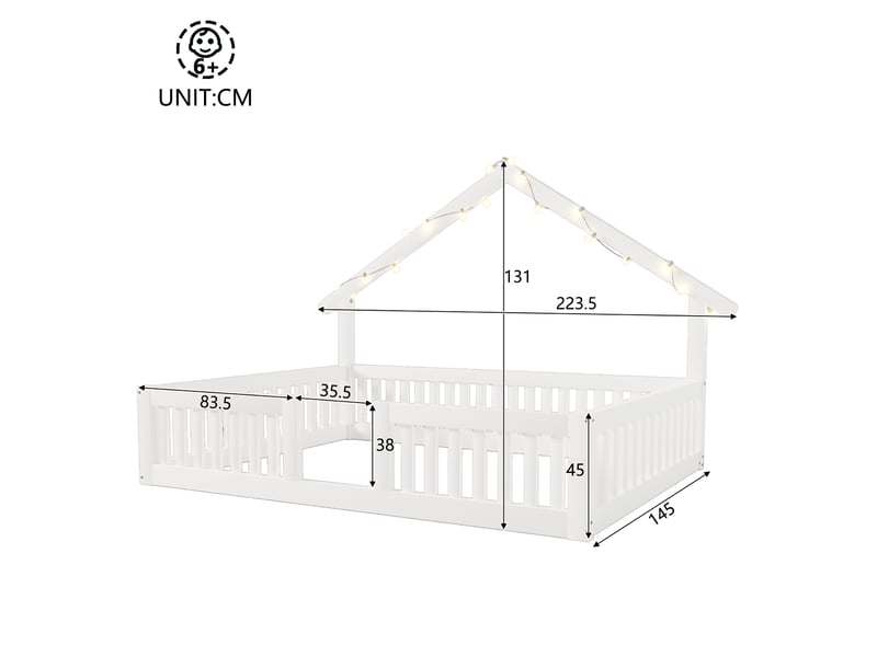  Lit cabane enfant 140x200 cm avec barrières de sécurité, guirlande led, cadre bas, mdf pin, blanc sans matelas  - Conforama C