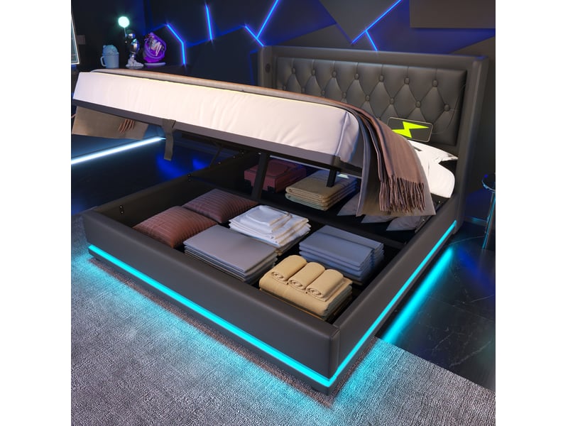  Lit coffre 140 × 200 cm 2 places avec usb, type-c, led et matelas inclus, en pu noir à tête capitonnée  - Conforama C